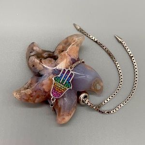Sterling silver adjustable rainbow colored cz’s Hamsa bracelet